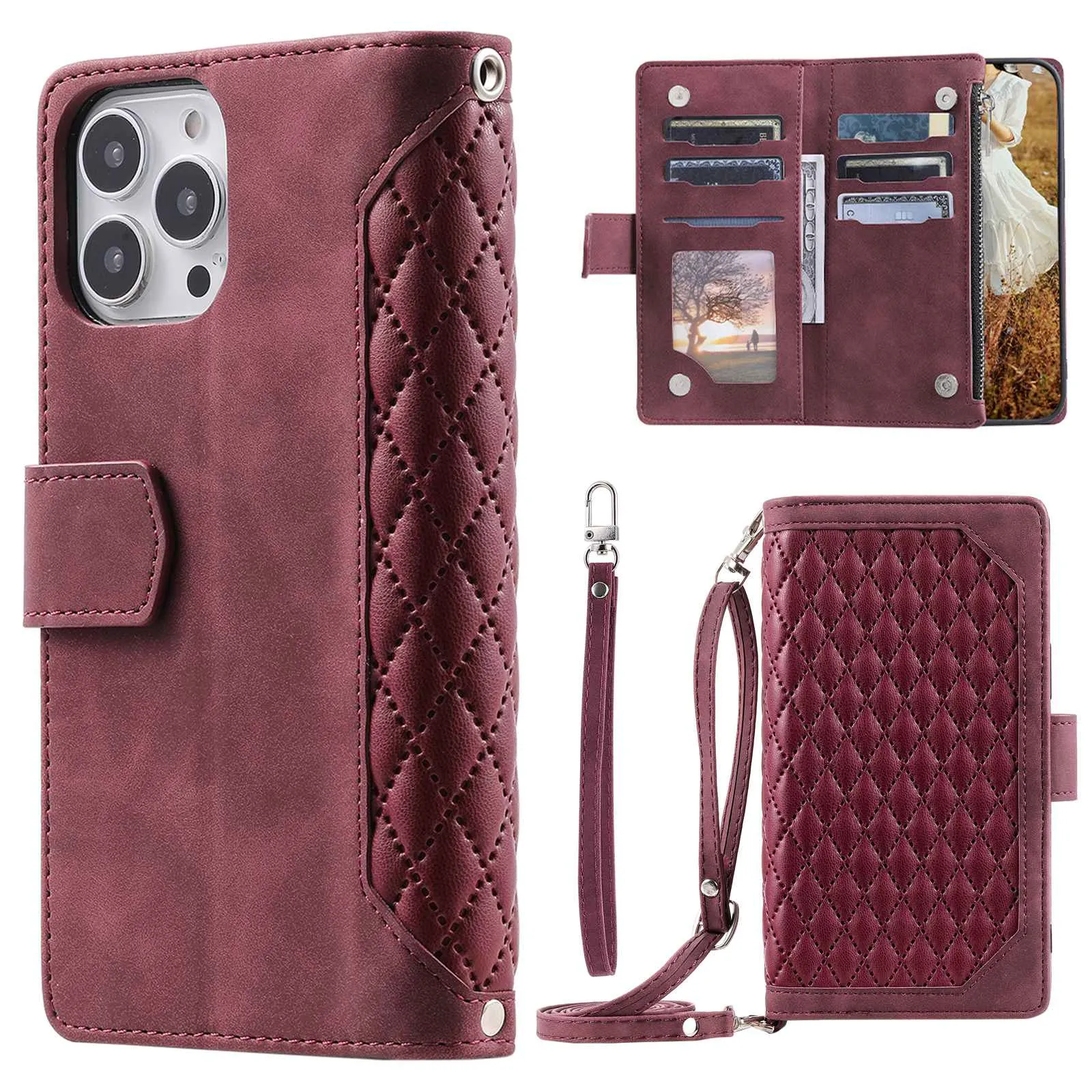 005 Style Anti-drop Phone Case For iPhone 13 Pro 6.1 inch, Scratch-resistant Mobile Phone Wallet Stand Cover Zipper Pocket Rhombus Texture PU Leather Shell with Strap Card Holder