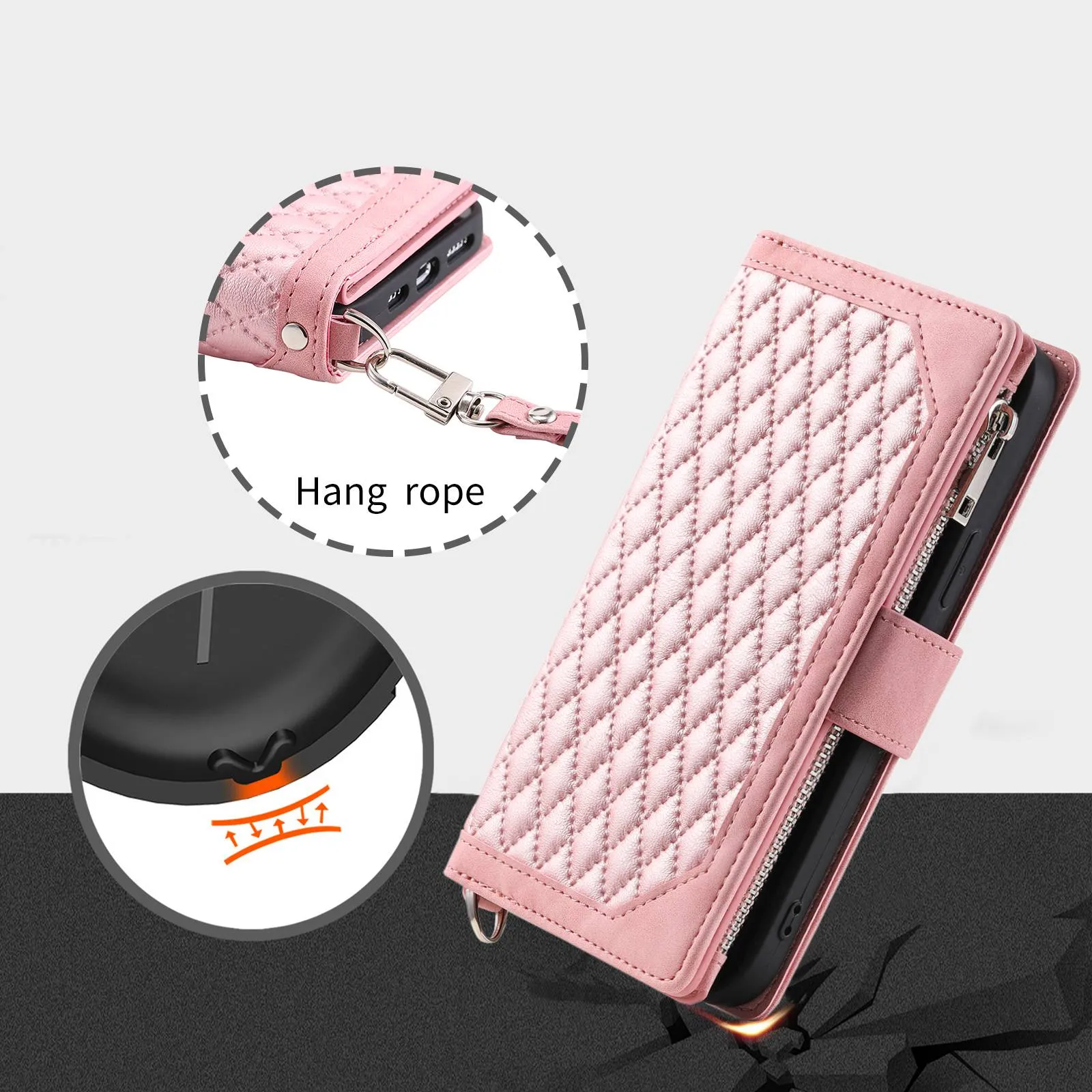 005 Style Anti-drop Phone Case For iPhone 13 Pro 6.1 inch, Scratch-resistant Mobile Phone Wallet Stand Cover Zipper Pocket Rhombus Texture PU Leather Shell with Strap Card Holder