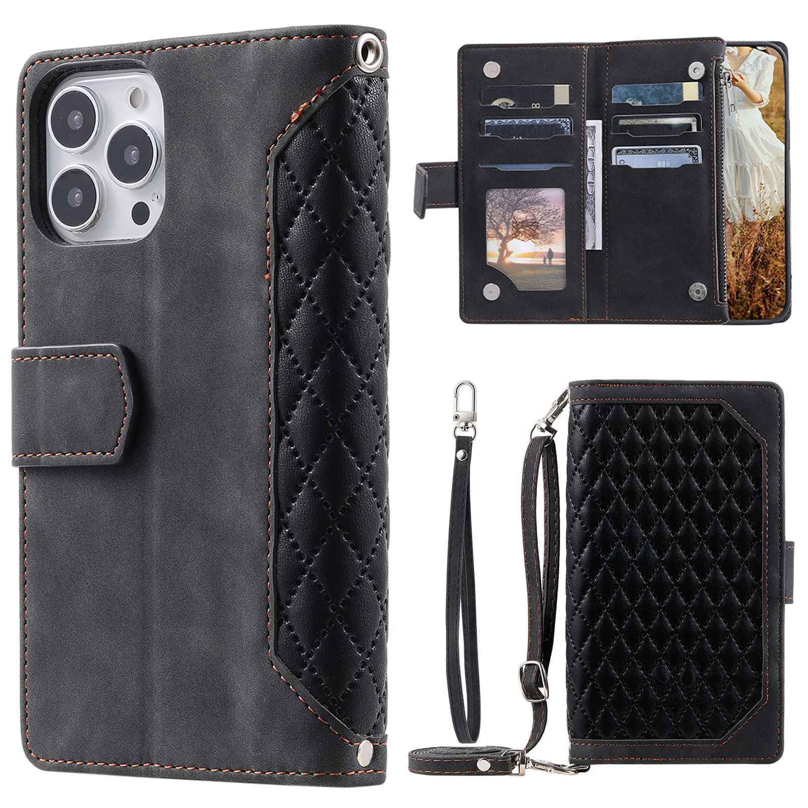 005 Style Anti-drop Phone Case For iPhone 13 Pro 6.1 inch, Scratch-resistant Mobile Phone Wallet Stand Cover Zipper Pocket Rhombus Texture PU Leather Shell with Strap Card Holder