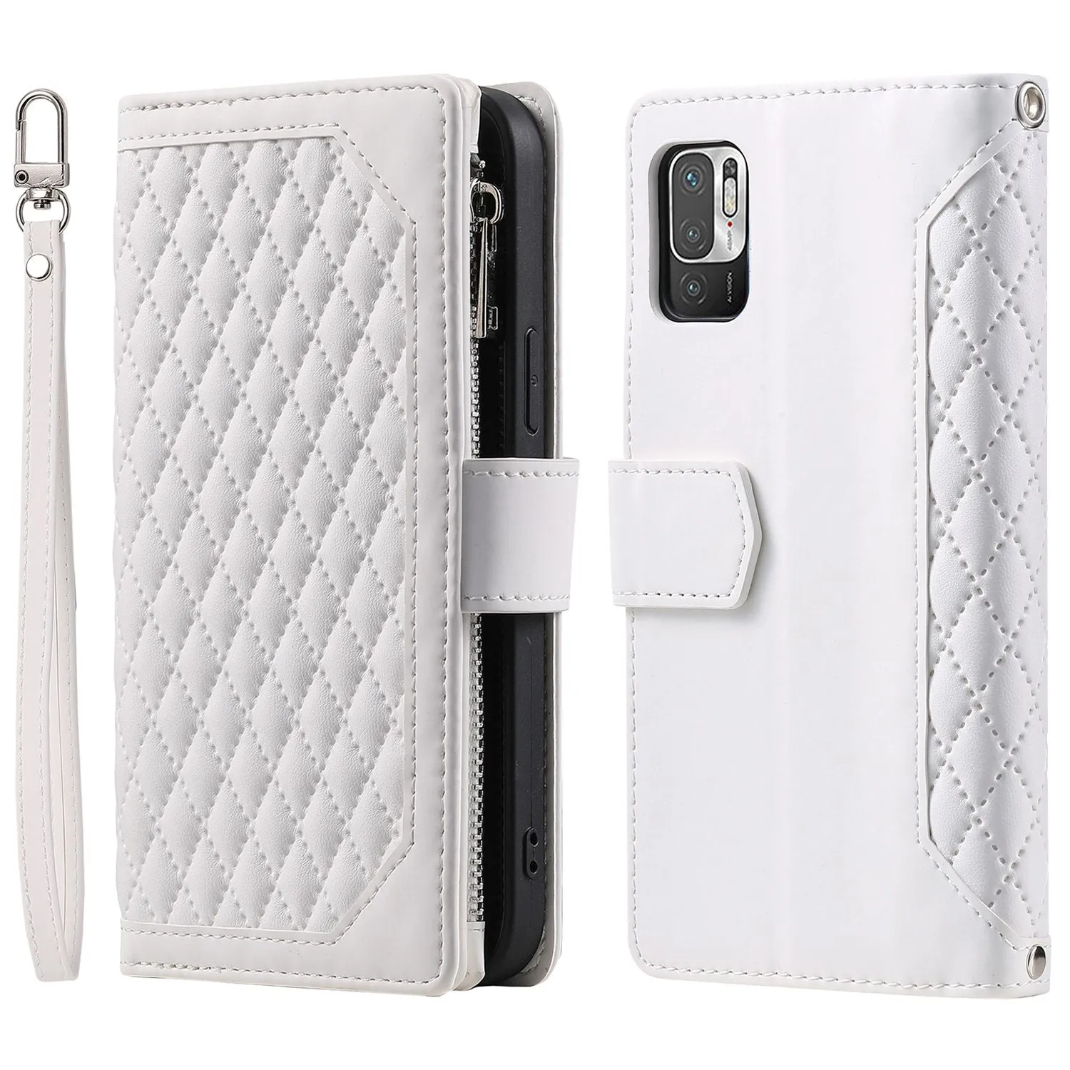 005 Style for Xiaomi Poco M3 Pro 4G / 5G / Redmi Note 10T 5G / Note 10 5G Rhombus Texture Wallet Stand Leather Phone Case with Zipper Pocket and Wrist Strap