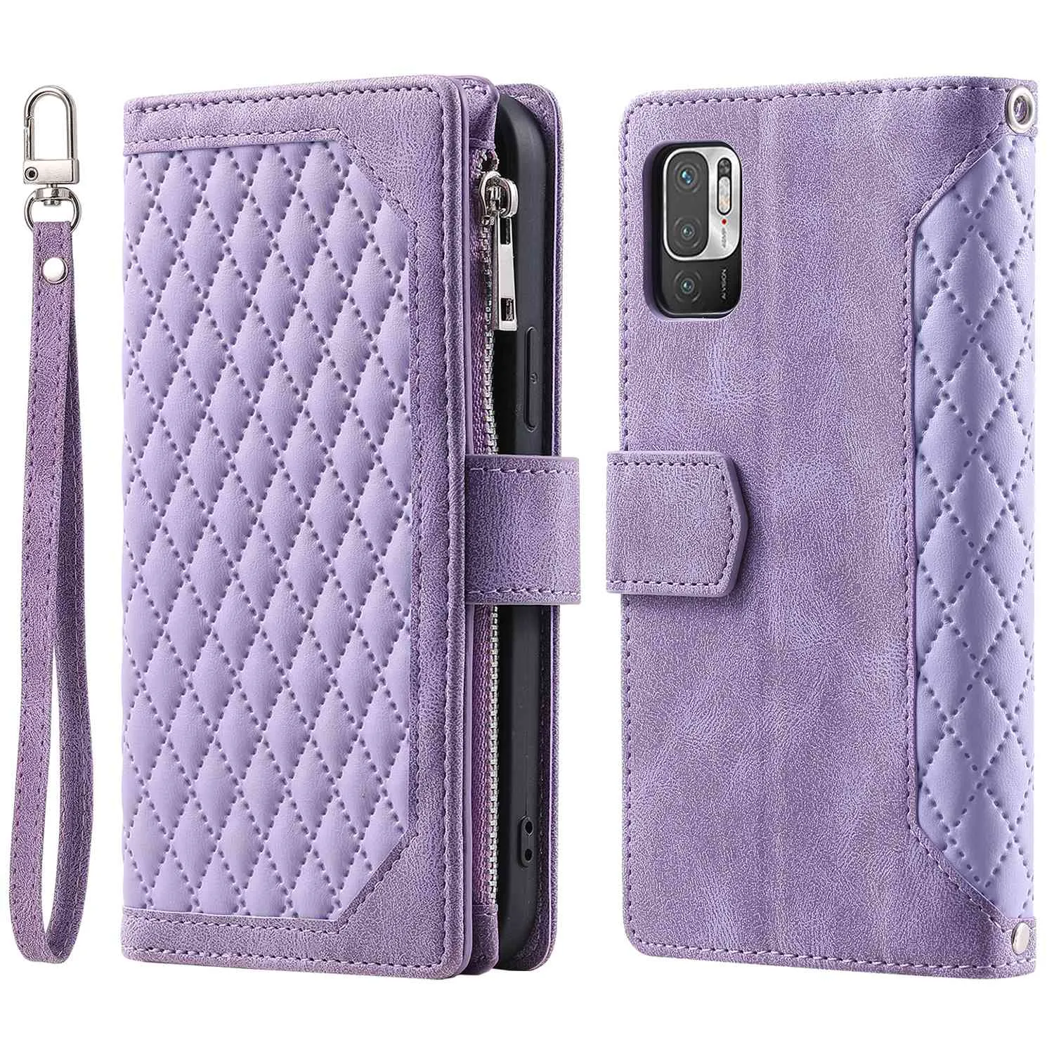 005 Style for Xiaomi Poco M3 Pro 4G / 5G / Redmi Note 10T 5G / Note 10 5G Rhombus Texture Wallet Stand Leather Phone Case with Zipper Pocket and Wrist Strap