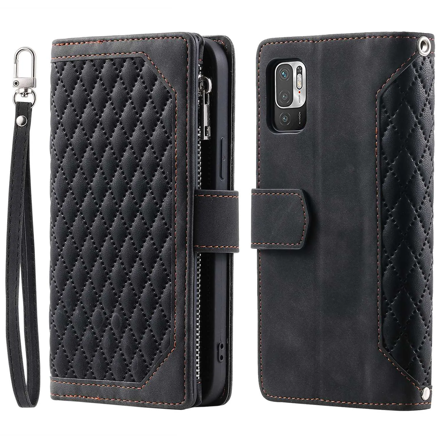 005 Style for Xiaomi Poco M3 Pro 4G / 5G / Redmi Note 10T 5G / Note 10 5G Rhombus Texture Wallet Stand Leather Phone Case with Zipper Pocket and Wrist Strap