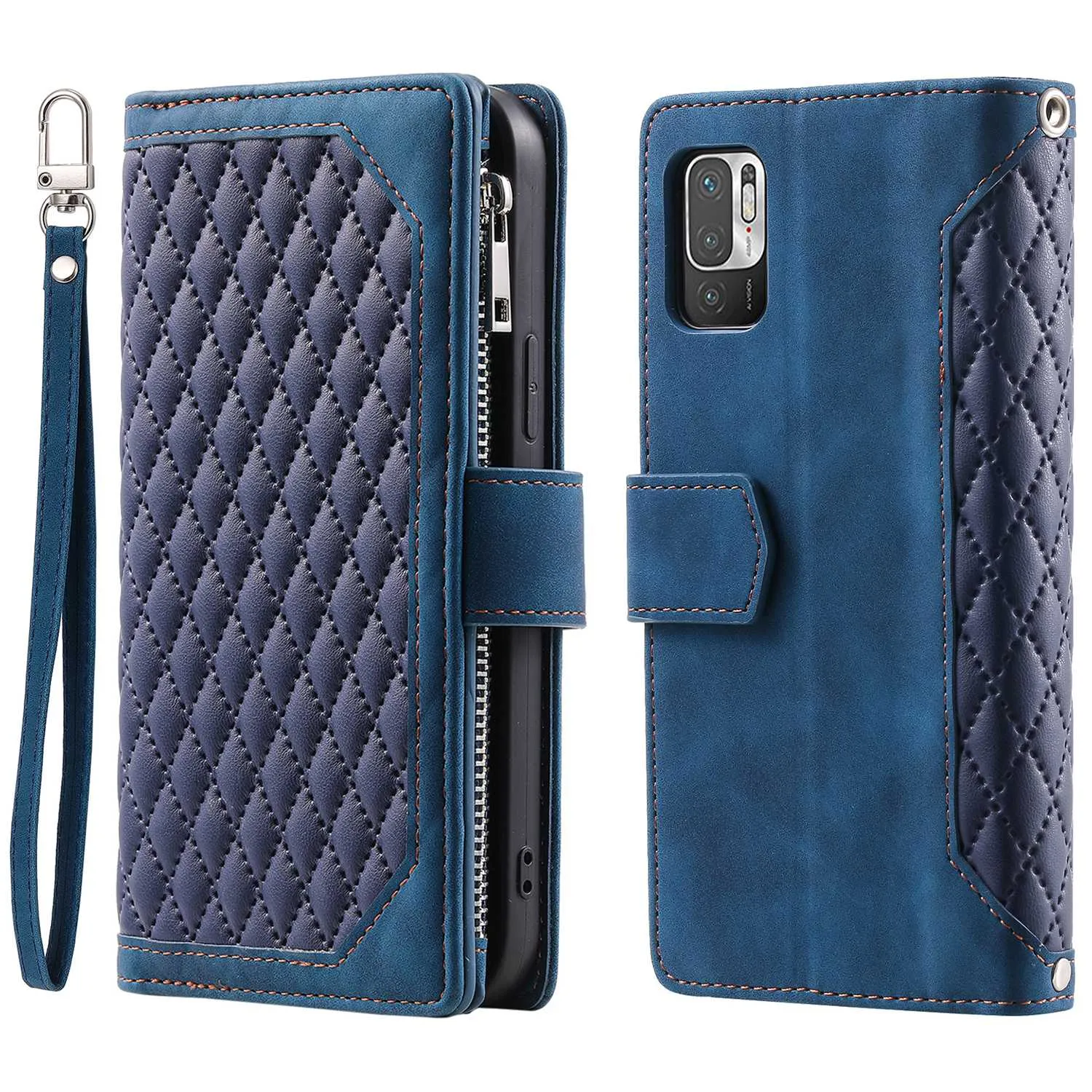 005 Style for Xiaomi Poco M3 Pro 4G / 5G / Redmi Note 10T 5G / Note 10 5G Rhombus Texture Wallet Stand Leather Phone Case with Zipper Pocket and Wrist Strap