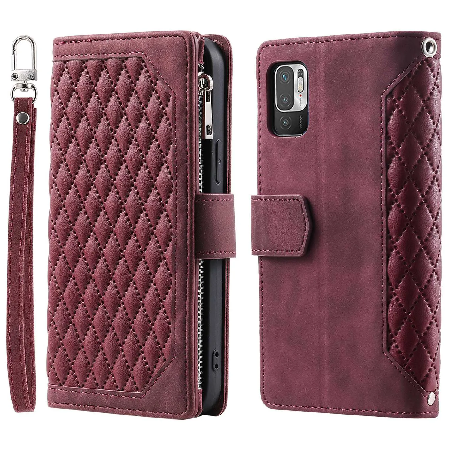 005 Style for Xiaomi Poco M3 Pro 4G / 5G / Redmi Note 10T 5G / Note 10 5G Rhombus Texture Wallet Stand Leather Phone Case with Zipper Pocket and Wrist Strap