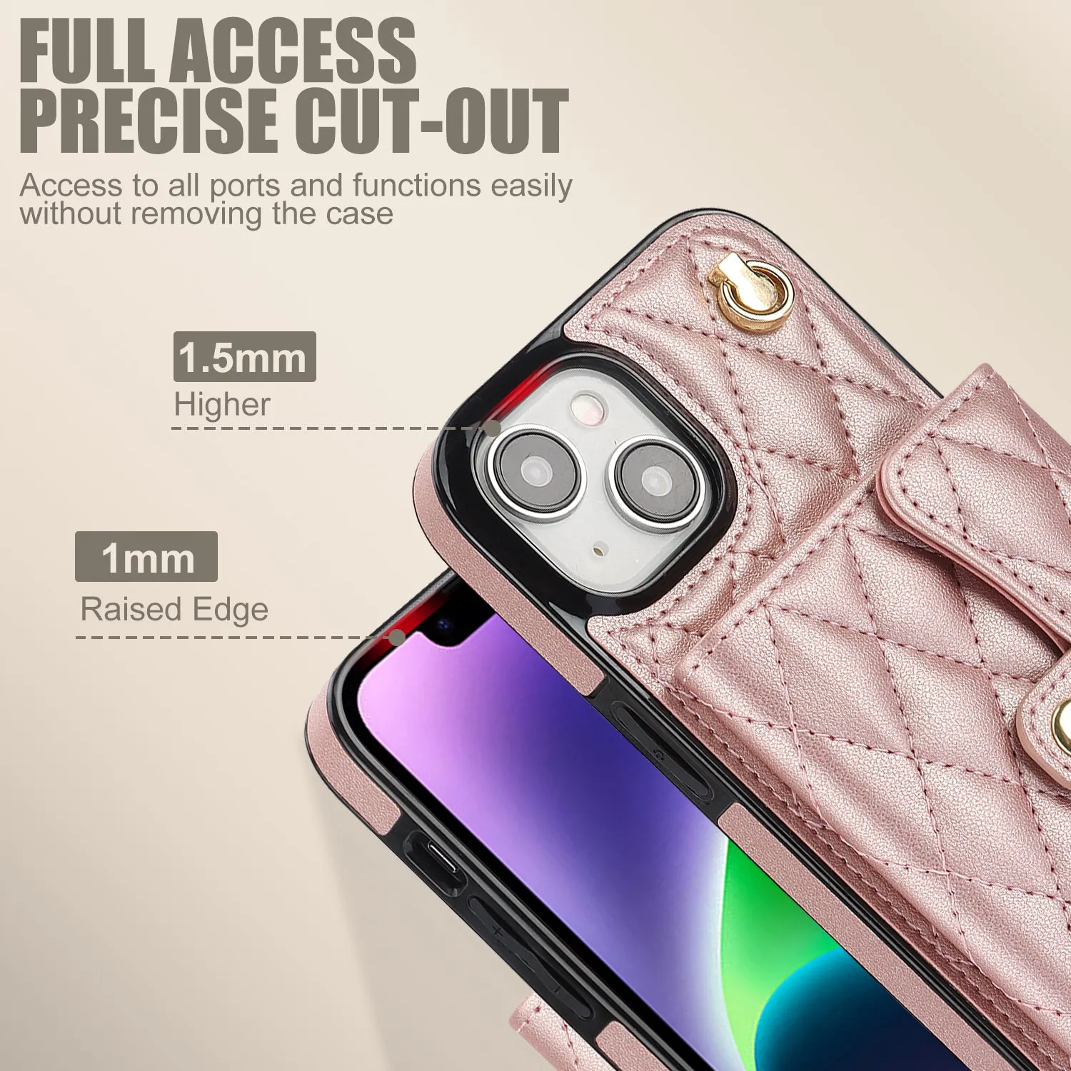 026 For iPhone 15 RFID Blocking Card Slots Phone Case PU Leather TPU Kickstand Cover with Wrist and Shoulder Straps