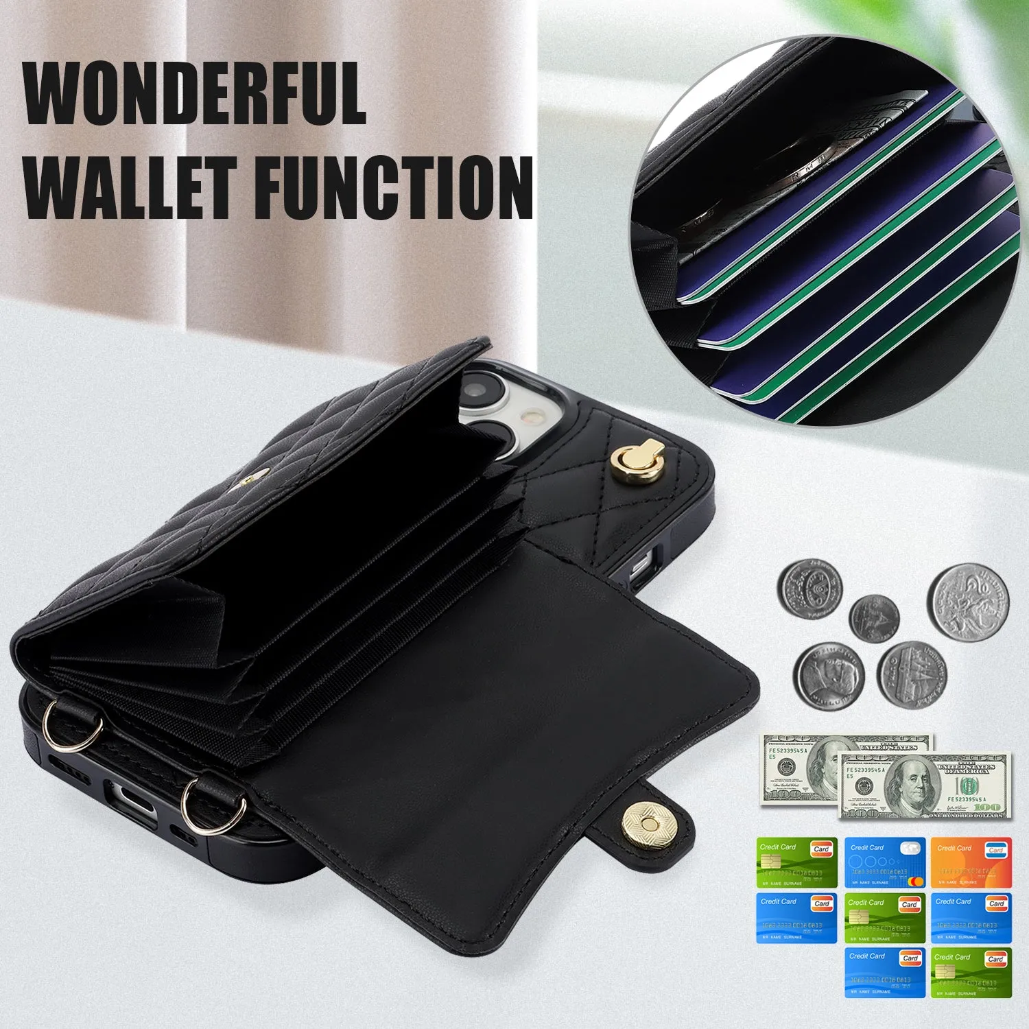 026 For iPhone 15 RFID Blocking Card Slots Phone Case PU Leather TPU Kickstand Cover with Wrist and Shoulder Straps