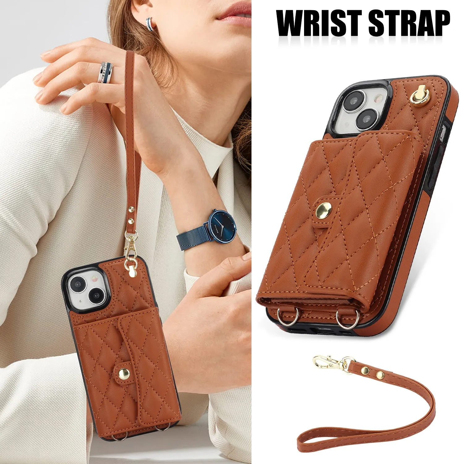 026 For iPhone 15 RFID Blocking Card Slots Phone Case PU Leather TPU Kickstand Cover with Wrist and Shoulder Straps