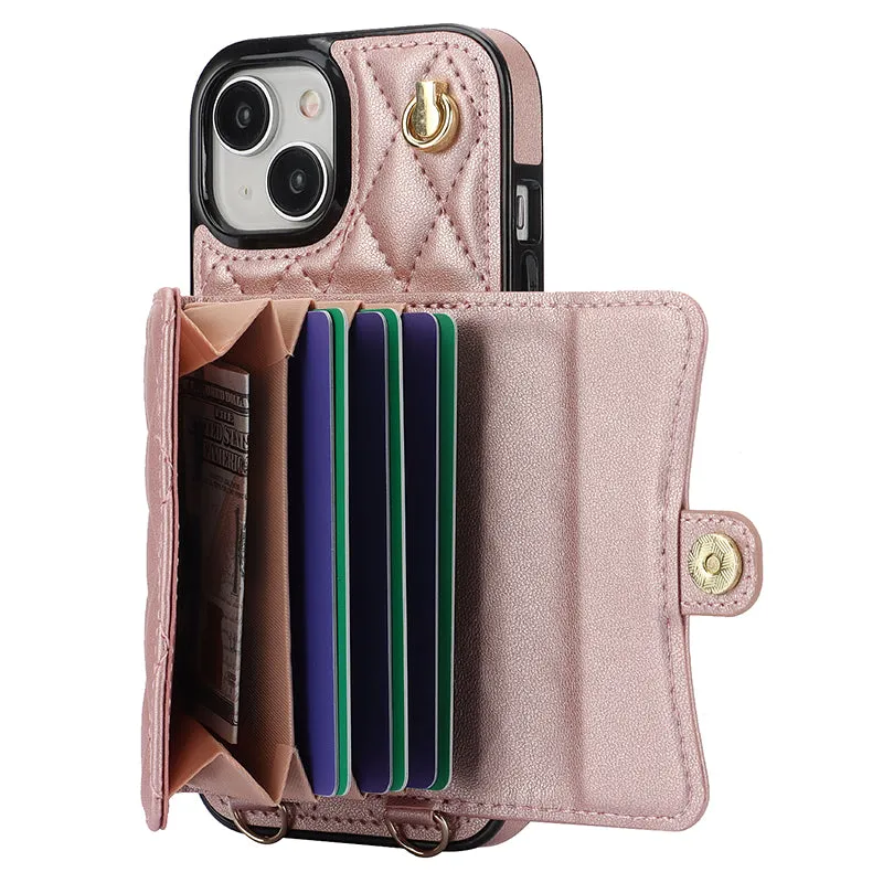 026 For iPhone 15 RFID Blocking Card Slots Phone Case PU Leather TPU Kickstand Cover with Wrist and Shoulder Straps