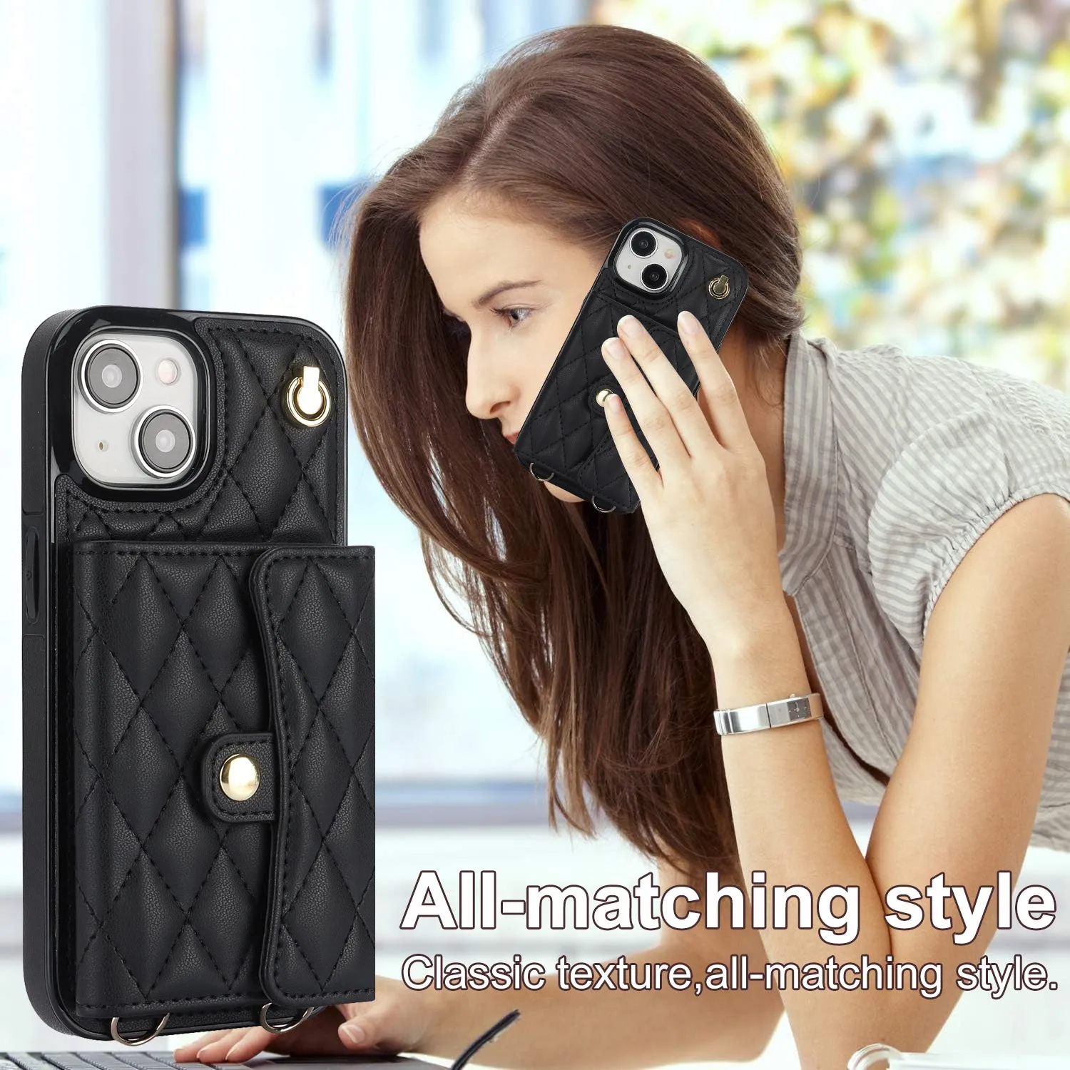 026 For iPhone 15 RFID Blocking Card Slots Phone Case PU Leather TPU Kickstand Cover with Wrist and Shoulder Straps