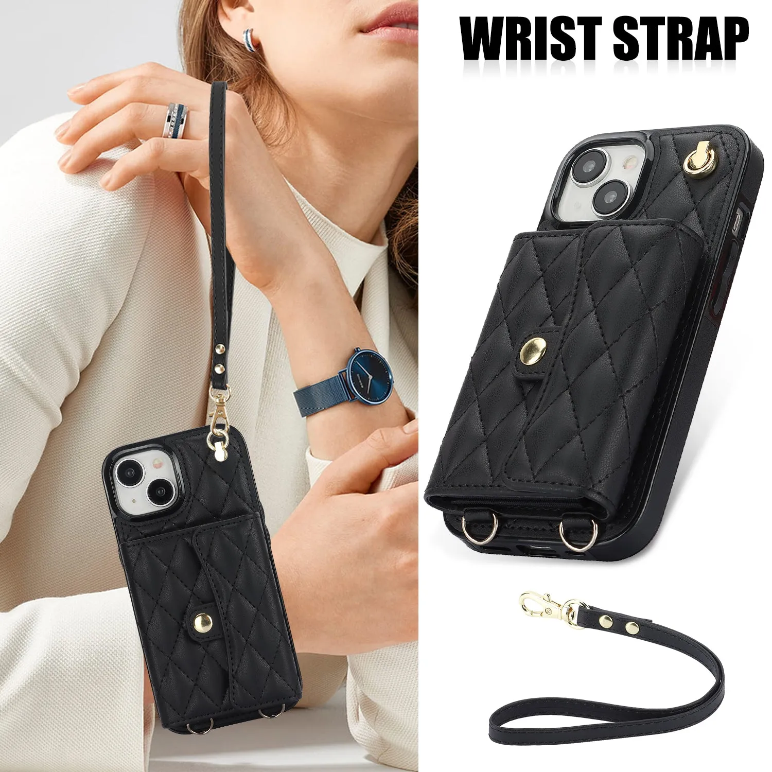 026 For iPhone 15 RFID Blocking Card Slots Phone Case PU Leather TPU Kickstand Cover with Wrist and Shoulder Straps