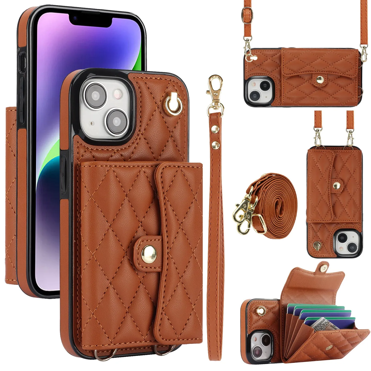 026 For iPhone 15 RFID Blocking Card Slots Phone Case PU Leather TPU Kickstand Cover with Wrist and Shoulder Straps