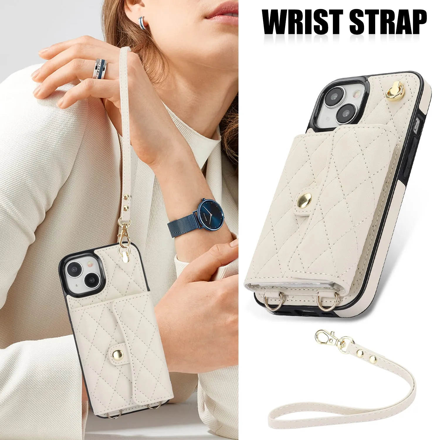 026 For iPhone 15 RFID Blocking Card Slots Phone Case PU Leather TPU Kickstand Cover with Wrist and Shoulder Straps