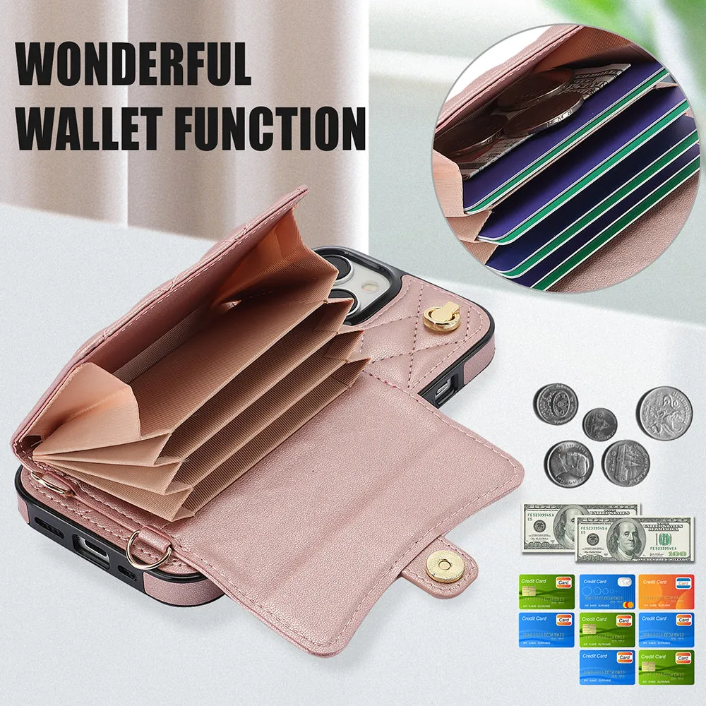 026 For iPhone 15 RFID Blocking Card Slots Phone Case PU Leather TPU Kickstand Cover with Wrist and Shoulder Straps