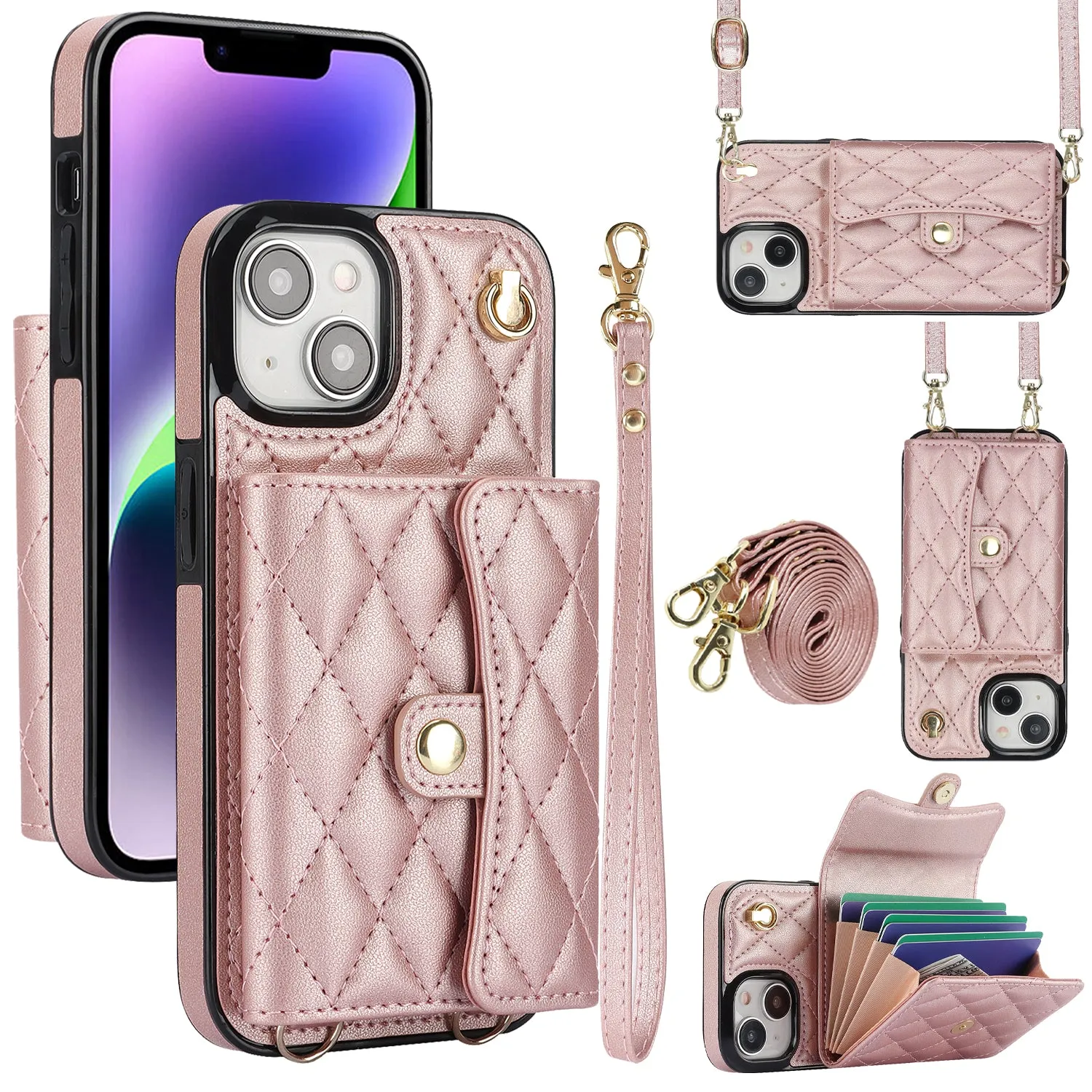 026 For iPhone 15 RFID Blocking Card Slots Phone Case PU Leather TPU Kickstand Cover with Wrist and Shoulder Straps