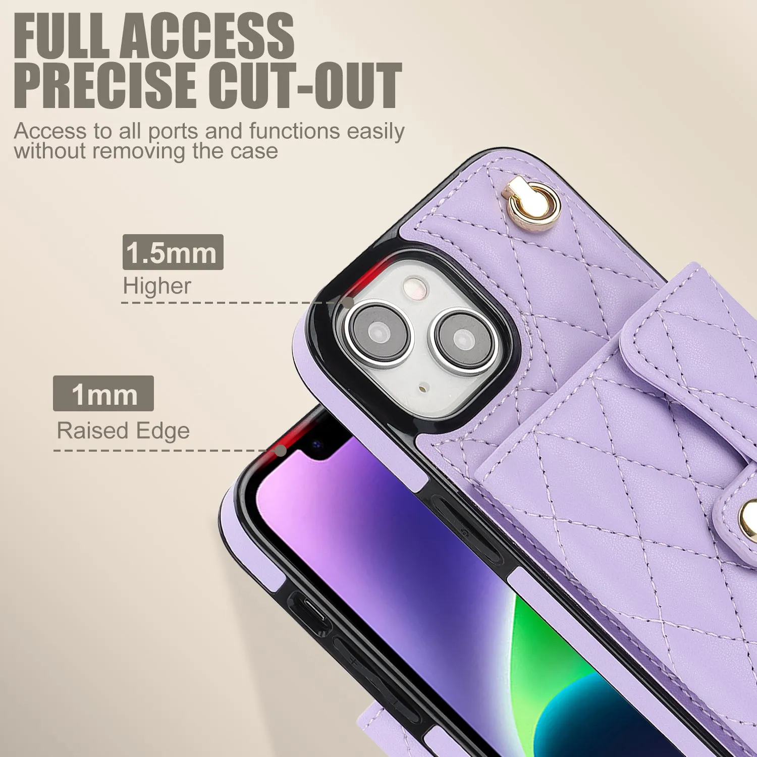 026 For iPhone 15 RFID Blocking Card Slots Phone Case PU Leather TPU Kickstand Cover with Wrist and Shoulder Straps