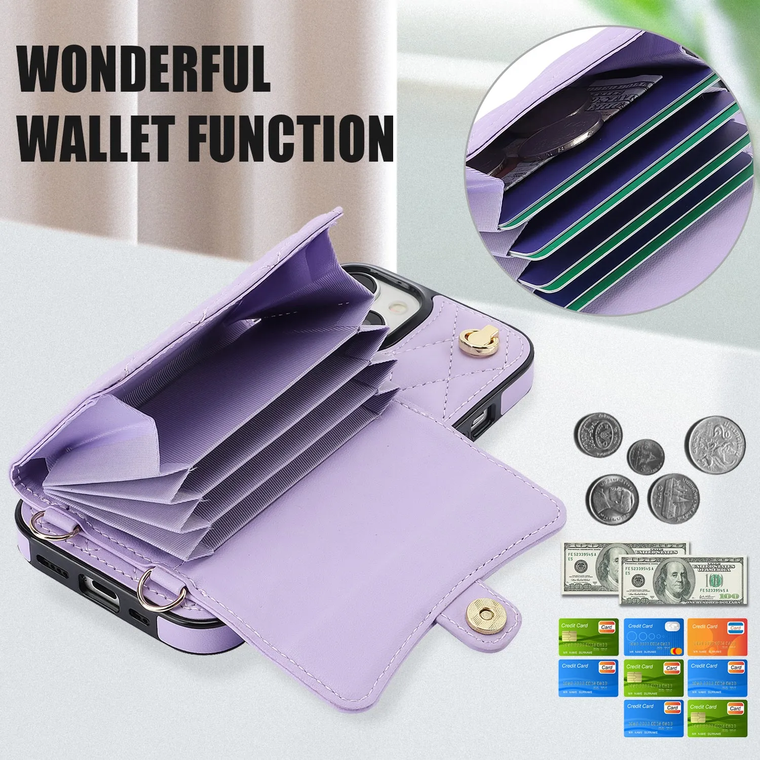 026 For iPhone 15 RFID Blocking Card Slots Phone Case PU Leather TPU Kickstand Cover with Wrist and Shoulder Straps