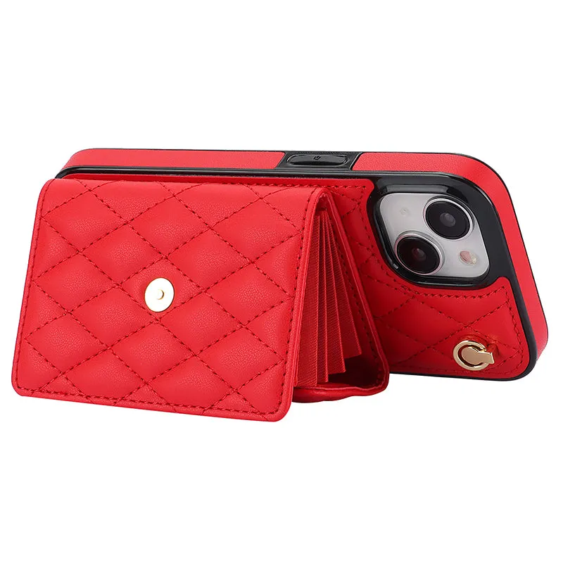 026 For iPhone 15 RFID Blocking Card Slots Phone Case PU Leather TPU Kickstand Cover with Wrist and Shoulder Straps