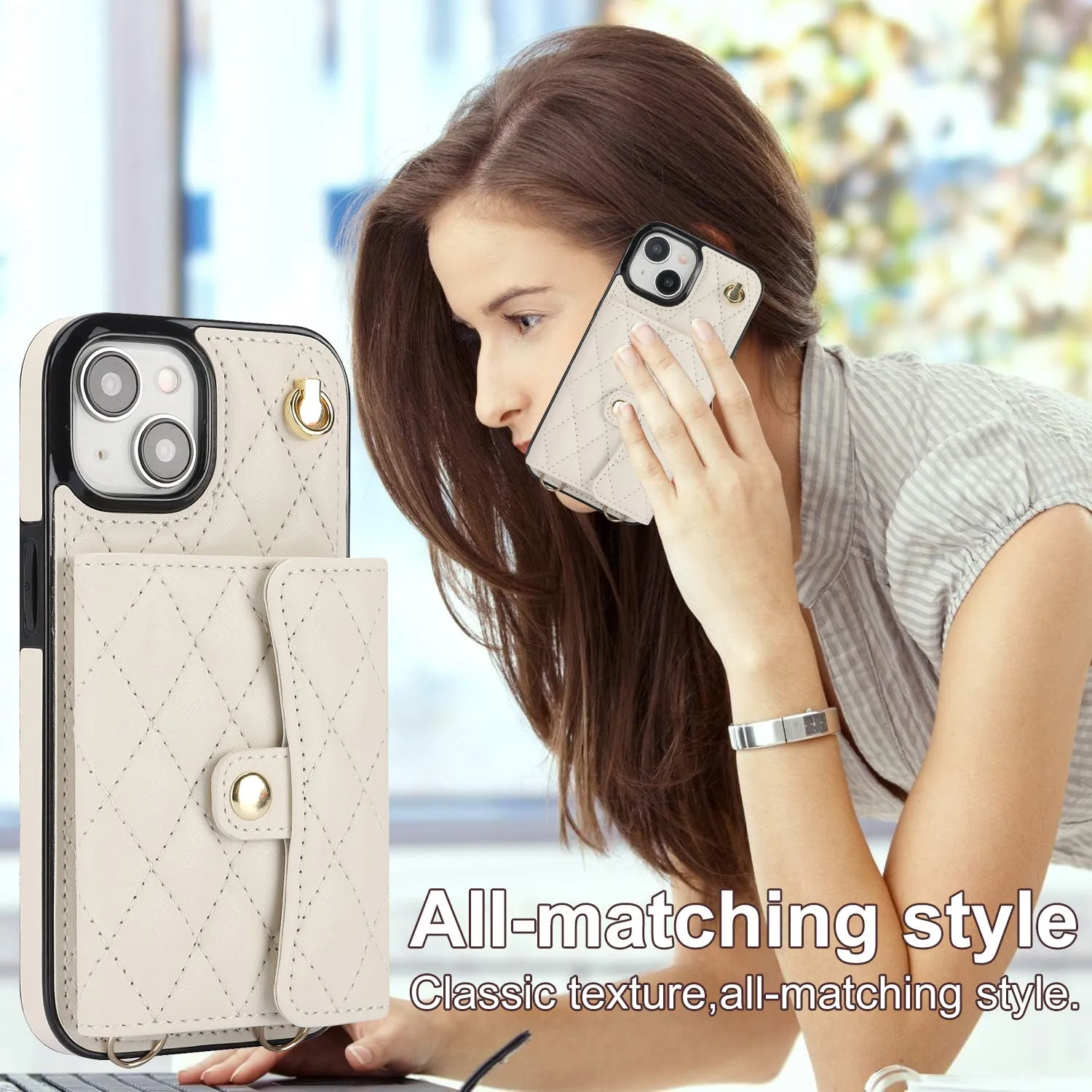 026 For iPhone 15 RFID Blocking Card Slots Phone Case PU Leather TPU Kickstand Cover with Wrist and Shoulder Straps