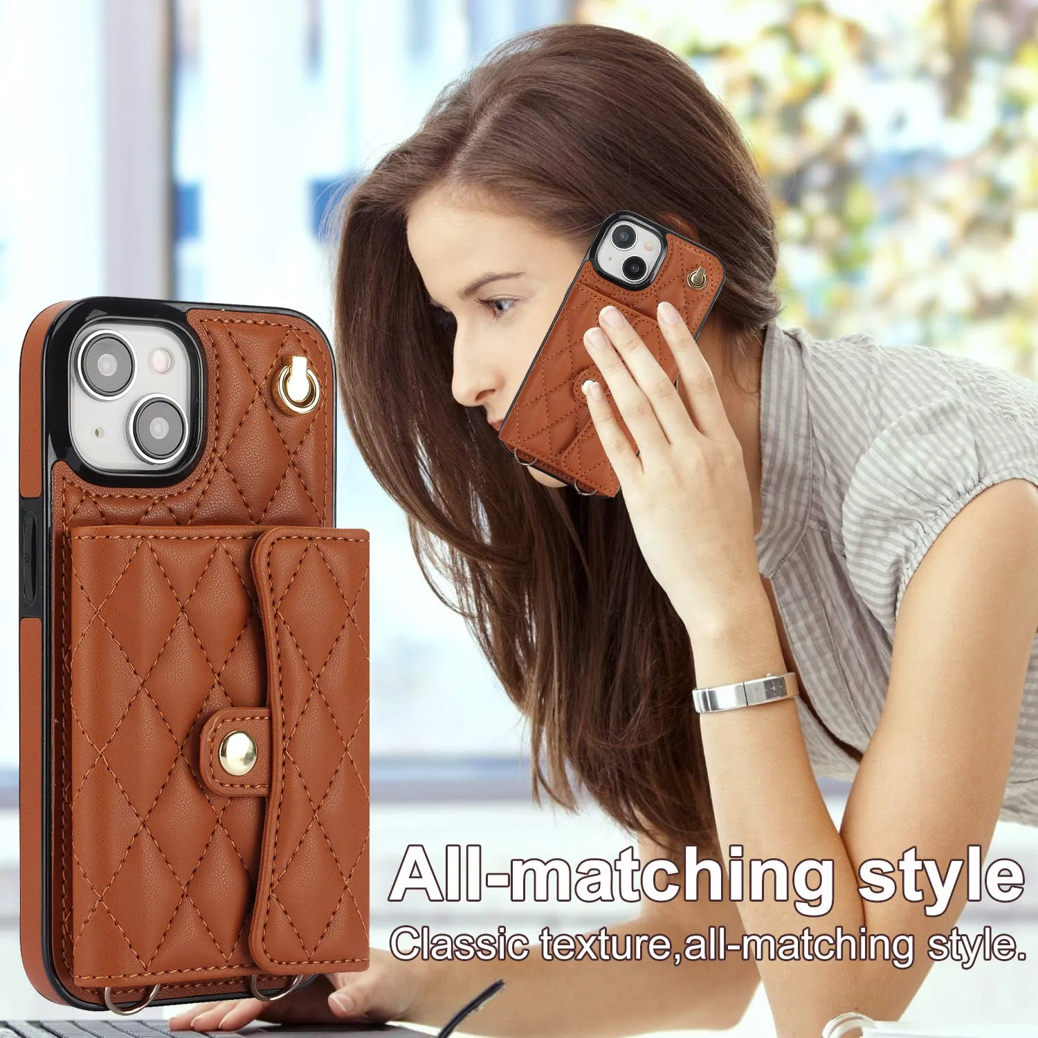 026 For iPhone 15 RFID Blocking Card Slots Phone Case PU Leather TPU Kickstand Cover with Wrist and Shoulder Straps