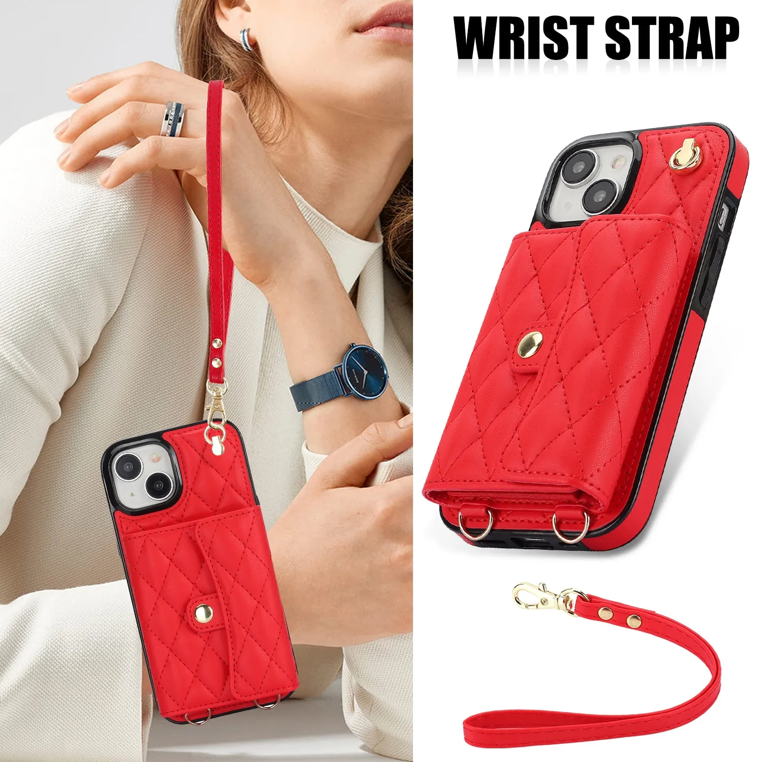 026 For iPhone 15 RFID Blocking Card Slots Phone Case PU Leather TPU Kickstand Cover with Wrist and Shoulder Straps