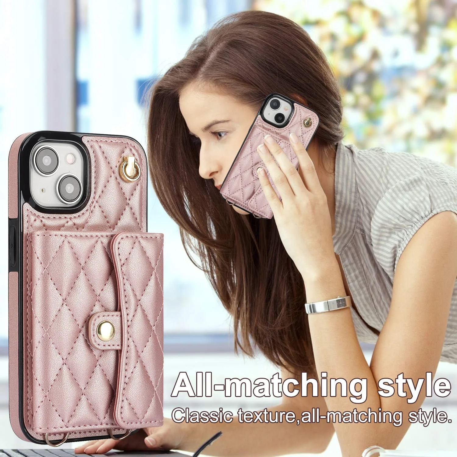 026 For iPhone 15 RFID Blocking Card Slots Phone Case PU Leather TPU Kickstand Cover with Wrist and Shoulder Straps