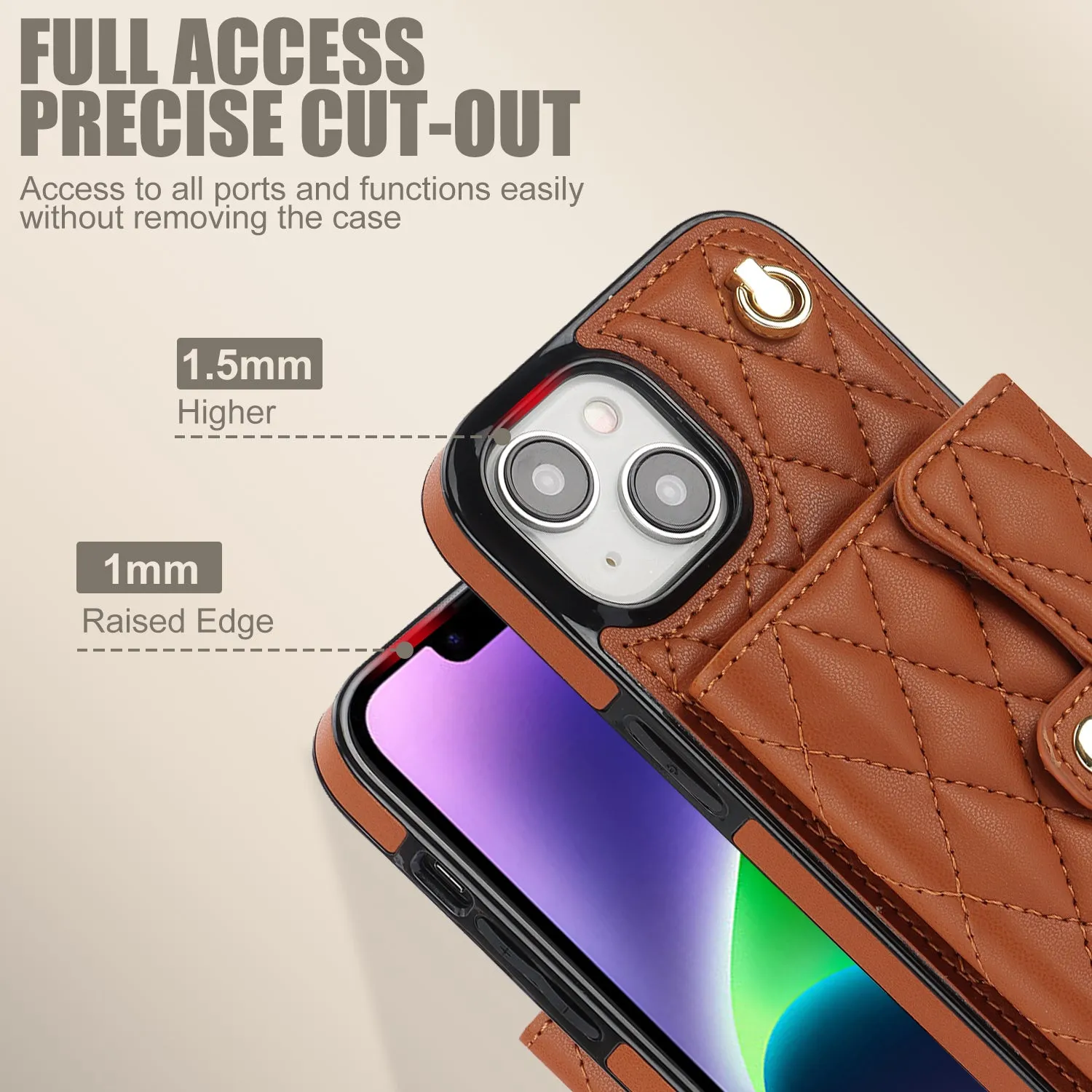 026 For iPhone 15 RFID Blocking Card Slots Phone Case PU Leather TPU Kickstand Cover with Wrist and Shoulder Straps