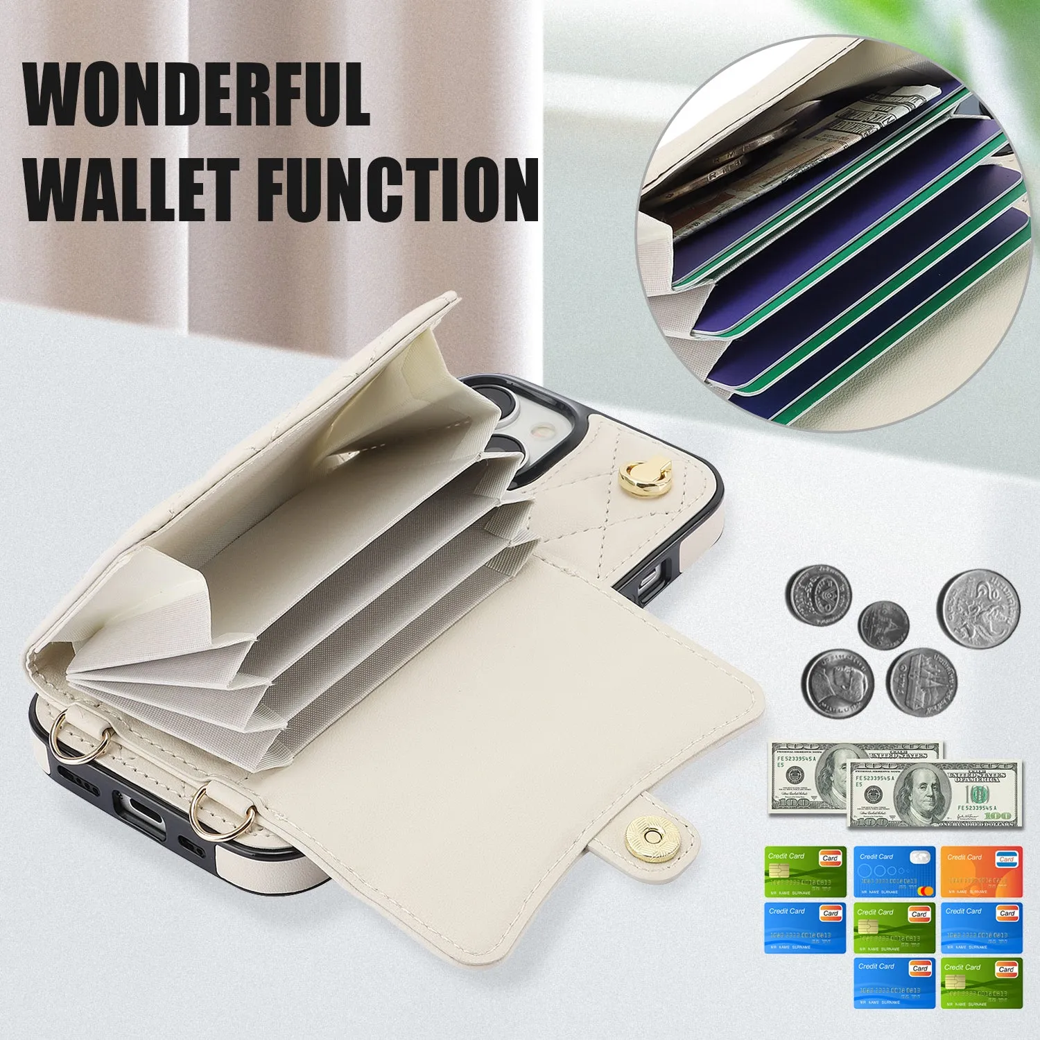 026 For iPhone 15 RFID Blocking Card Slots Phone Case PU Leather TPU Kickstand Cover with Wrist and Shoulder Straps