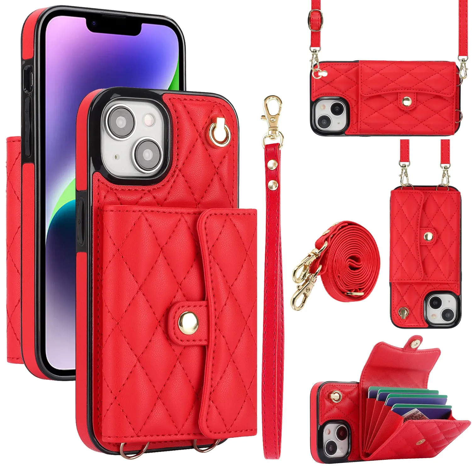 026 For iPhone 15 RFID Blocking Card Slots Phone Case PU Leather TPU Kickstand Cover with Wrist and Shoulder Straps