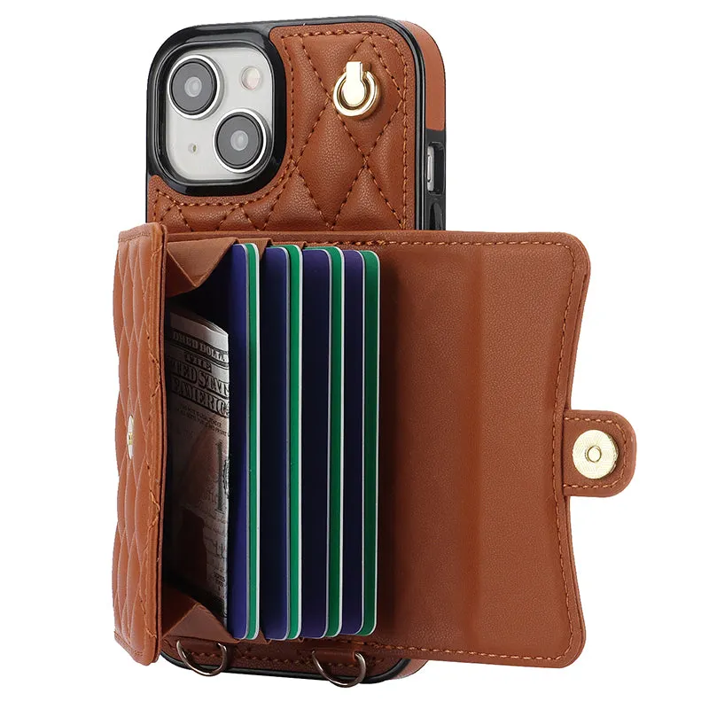 026 For iPhone 15 RFID Blocking Card Slots Phone Case PU Leather TPU Kickstand Cover with Wrist and Shoulder Straps