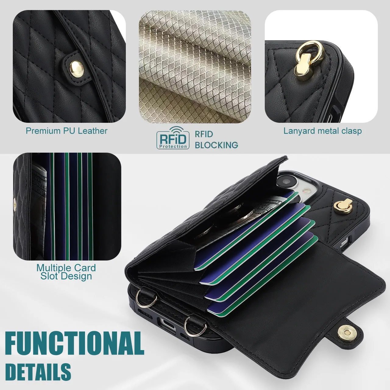 026 For iPhone 15 RFID Blocking Card Slots Phone Case PU Leather TPU Kickstand Cover with Wrist and Shoulder Straps