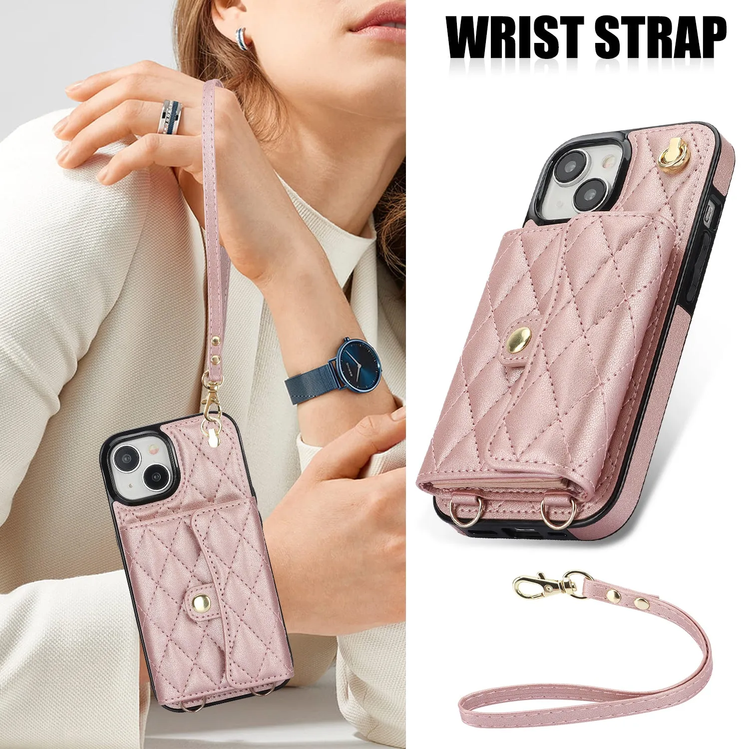 026 For iPhone 15 RFID Blocking Card Slots Phone Case PU Leather TPU Kickstand Cover with Wrist and Shoulder Straps