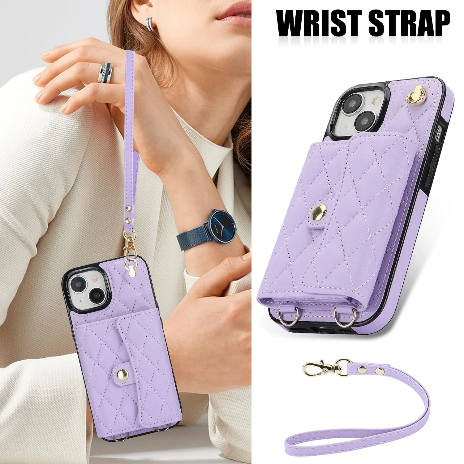 026 For iPhone 15 RFID Blocking Card Slots Phone Case PU Leather TPU Kickstand Cover with Wrist and Shoulder Straps