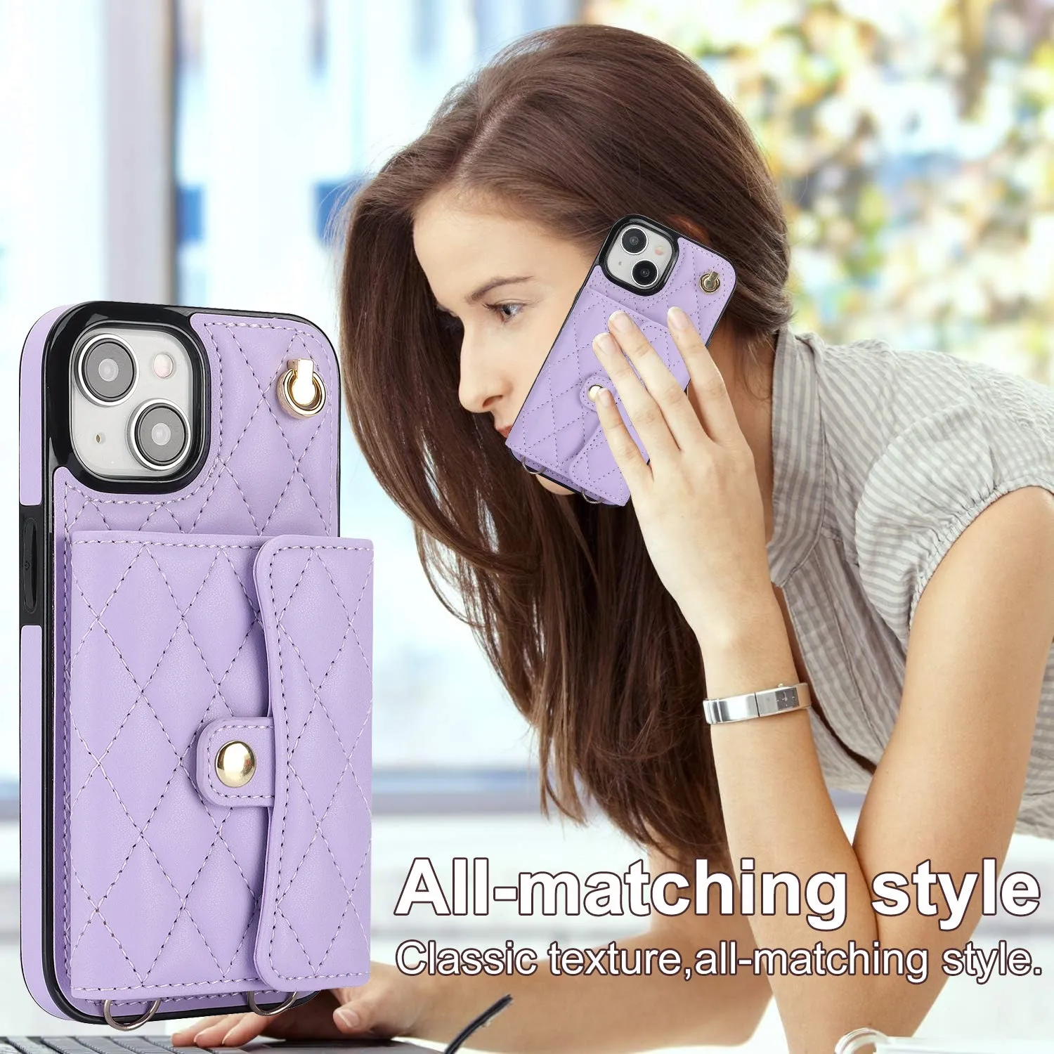 026 For iPhone 15 RFID Blocking Card Slots Phone Case PU Leather TPU Kickstand Cover with Wrist and Shoulder Straps