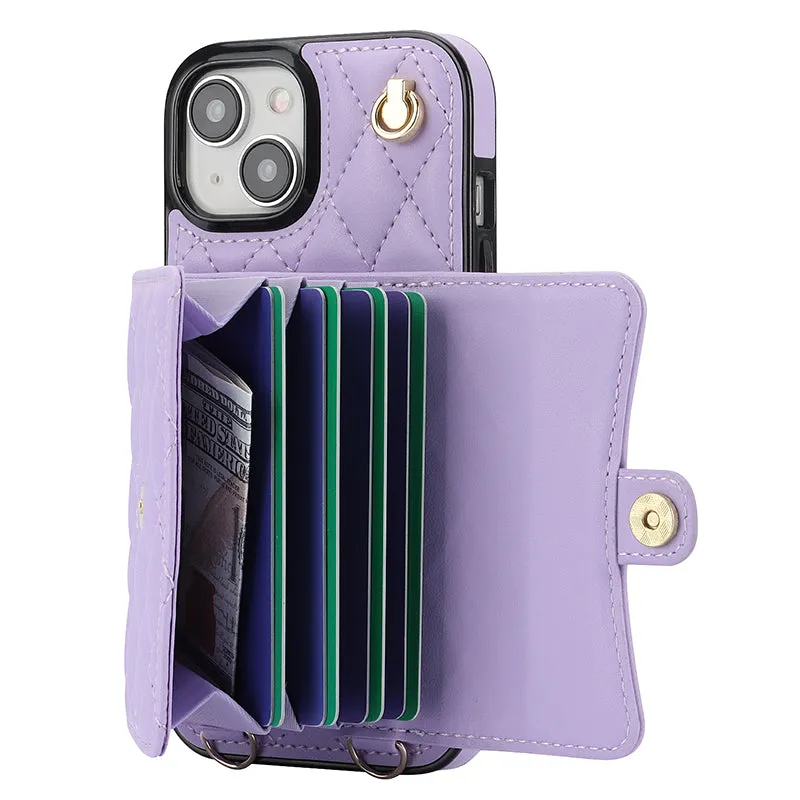 026 For iPhone 15 RFID Blocking Card Slots Phone Case PU Leather TPU Kickstand Cover with Wrist and Shoulder Straps