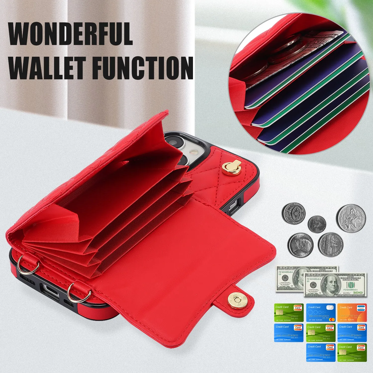 026 For iPhone 15 RFID Blocking Card Slots Phone Case PU Leather TPU Kickstand Cover with Wrist and Shoulder Straps