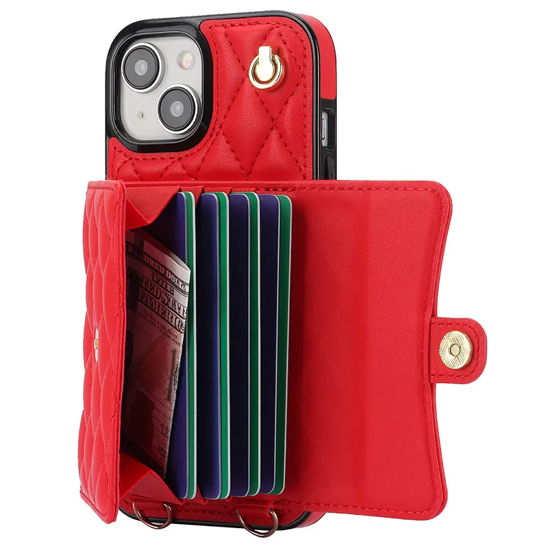 026 For iPhone 15 RFID Blocking Card Slots Phone Case PU Leather TPU Kickstand Cover with Wrist and Shoulder Straps