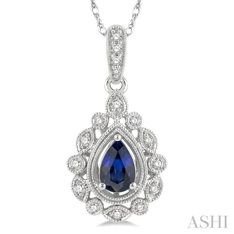 1/8 ctw Cutwork Round Cut Diamond & 6x4MM Pear Cut Sapphire Precious Pendant With Chain in 10K White Gold