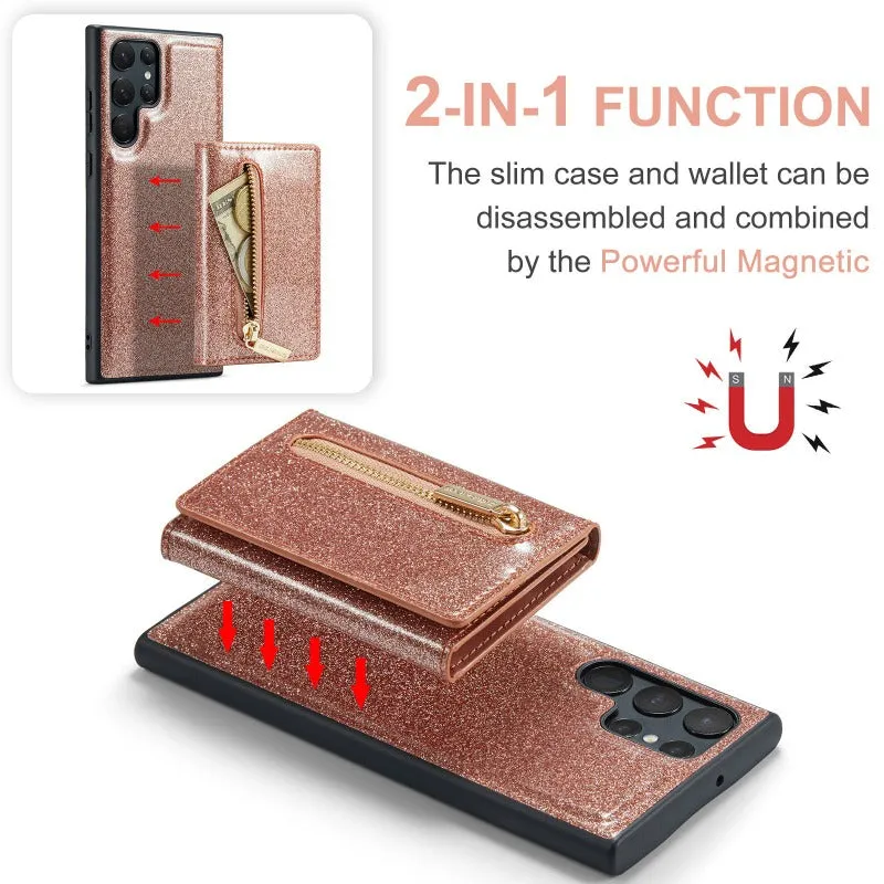 2 in 1 Glitter Shiny Bling Sparkle PU Leather Wallet Phone Case Detachable Card Holder ForSamsung