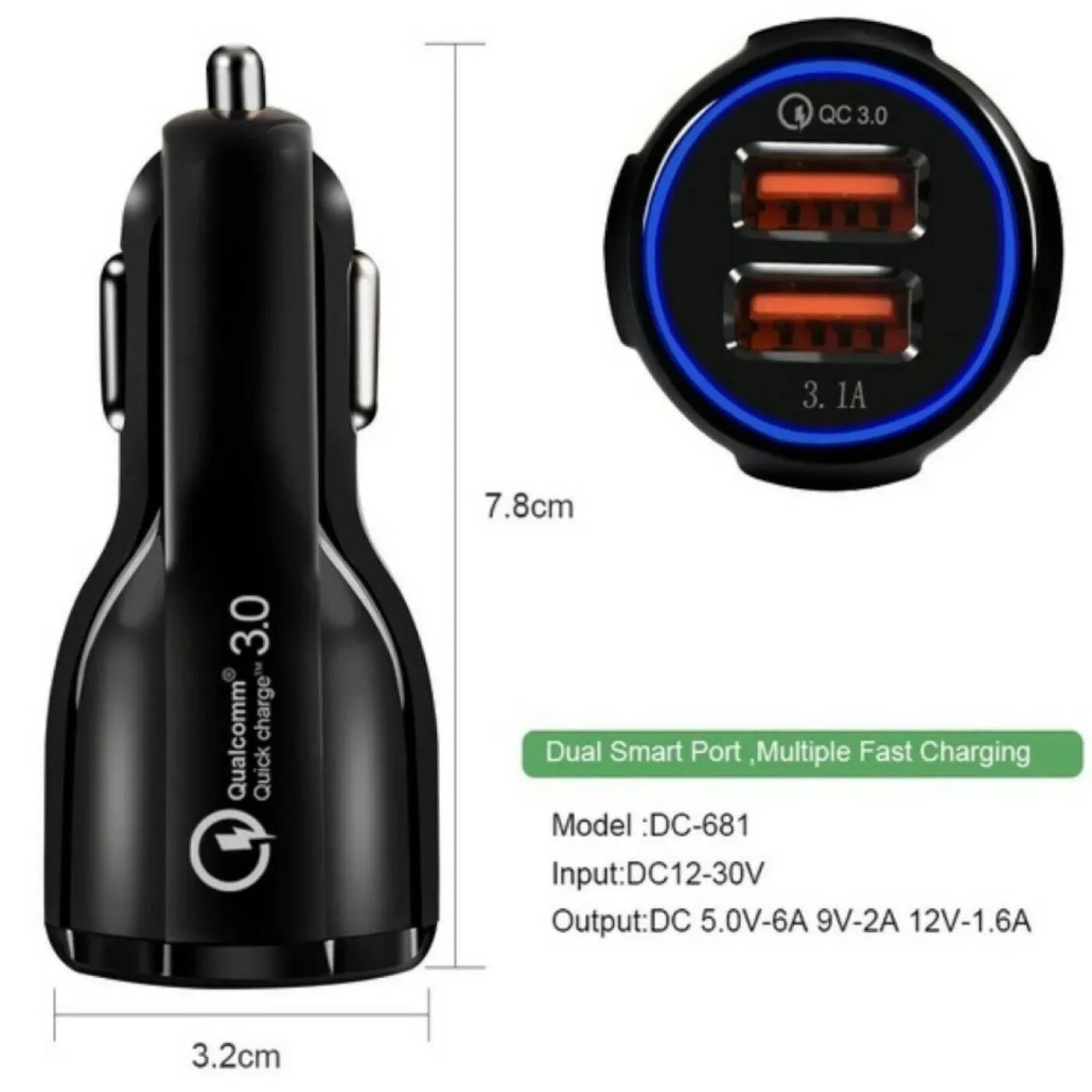 2 Pack 2 Port USB Fast Car Charger Adapter For Devices White