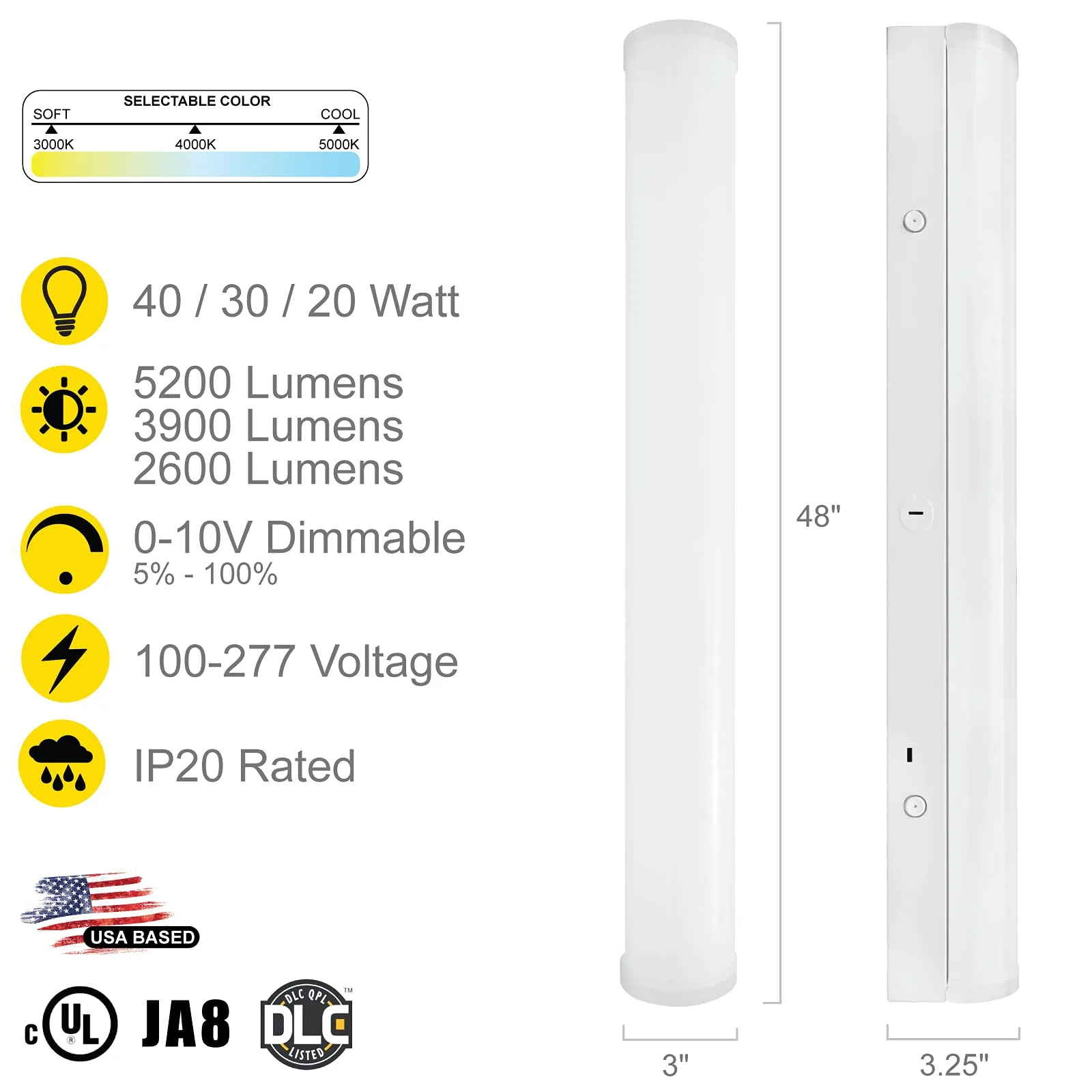 4 Foot LED Shop Lights Linear LED Wraparound Light with Emergency Battery - 3CCT 3000K-5000K - 5200LM - 4 Pack