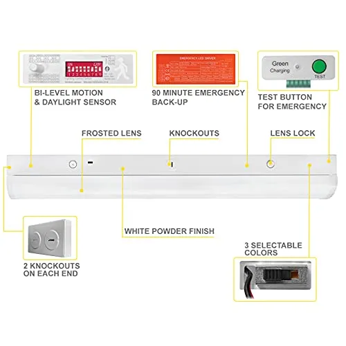 4 Foot LED Shop Lights Linear LED Wraparound Light with Emergency Battery - 3CCT 3000K-5000K - 5200LM - 4 Pack