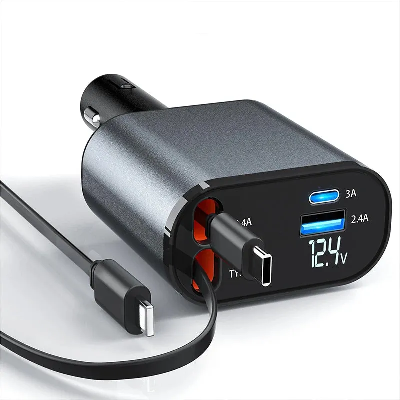 4 in 1 Retractable Fast Car Phone Charger 120W (Type-C, iOS, USB-C & USB interface)