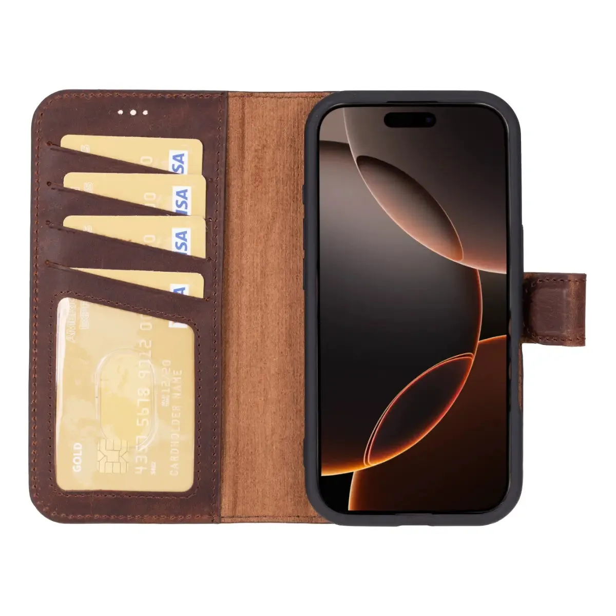 Antic Brown Leather iPhone 16 Pro Wallet Case