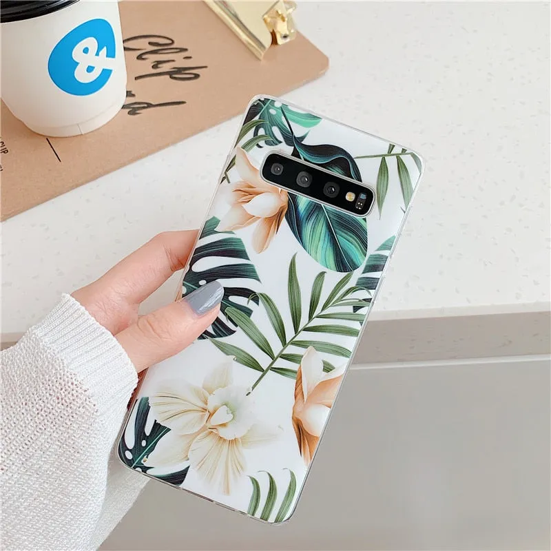 Anymob Samsung Case Pink Floral Design Art Leaf Flower Silicon With Holder Stand Phone Cover