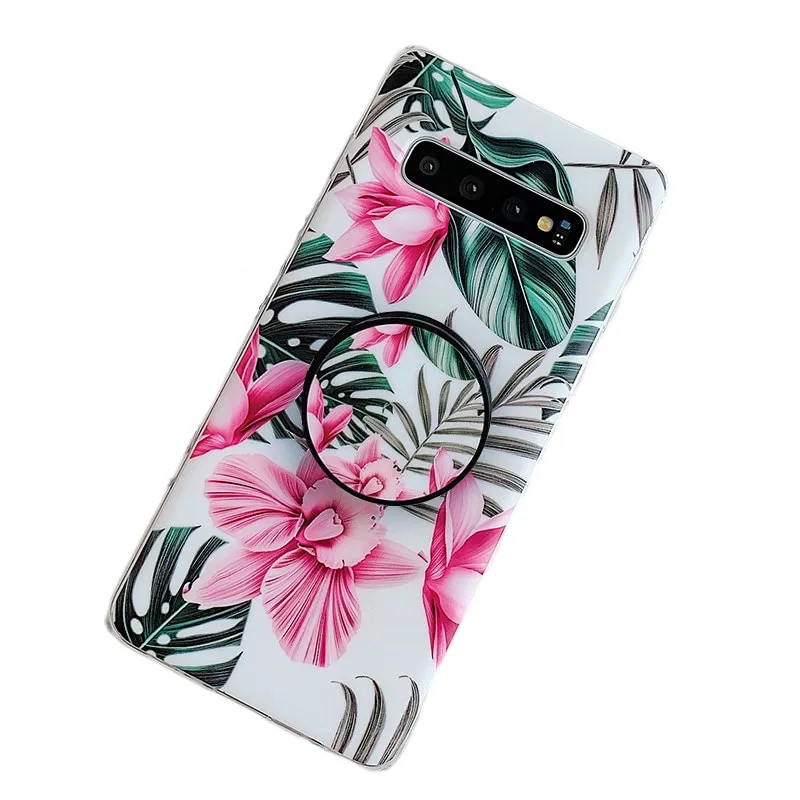 Anymob Samsung Case Pink Floral Design Art Leaf Flower Silicon With Holder Stand Phone Cover