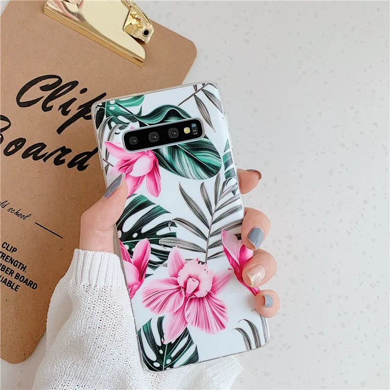 Anymob Samsung Case Pink Floral Design Art Leaf Flower Silicon With Holder Stand Phone Cover