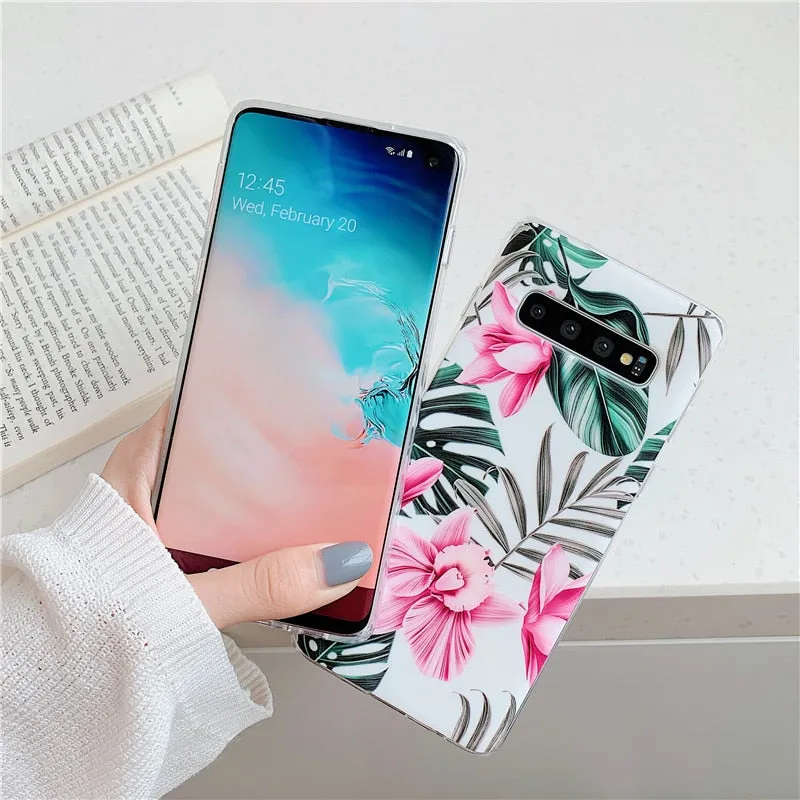 Anymob Samsung Case Pink Floral Design Art Leaf Flower Silicon With Holder Stand Phone Cover