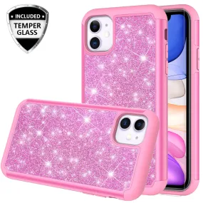 Apple iPhone 11 Case, Glitter Bling Heavy Duty Shock Proof Hybrid Case with [HD Screen Protector] Dual Layer Protective Phone Case Cover for Apple iPhone 11 - Hot Pink