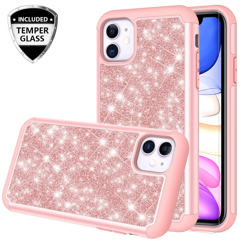 Apple iPhone 11 Case, Glitter Bling Heavy Duty Shock Proof Hybrid Case with [HD Screen Protector] Dual Layer Protective Phone Case Cover for Apple iPhone 11 - Rose Gold