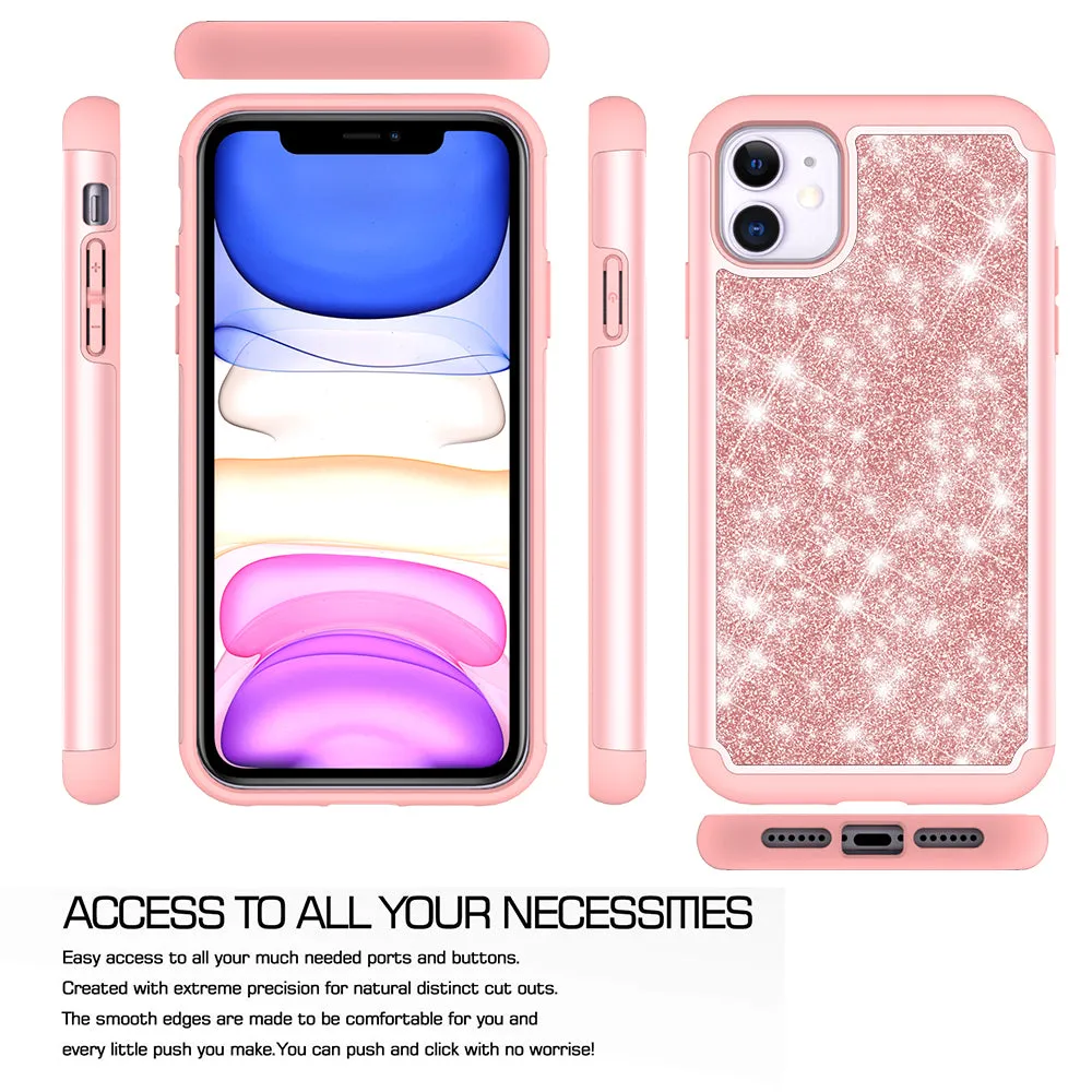 Apple iPhone 11 Case, Glitter Bling Heavy Duty Shock Proof Hybrid Case with [HD Screen Protector] Dual Layer Protective Phone Case Cover for Apple iPhone 11 - Rose Gold